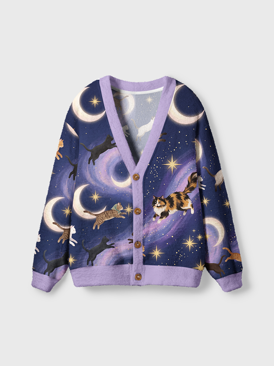 Vintage Dreamy Galaxy Moon Jumping Cats Cardigan Sweaters
