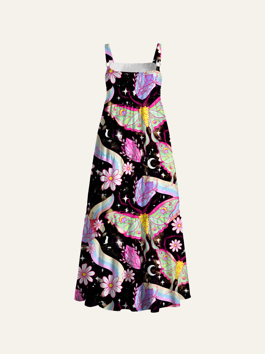 Celestial Moth & Crystal Adjustable Wide Straps Maxi Dress
