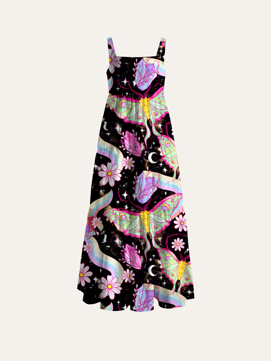 Celestial Moth & Crystal Adjustable Wide Straps Maxi Dress
