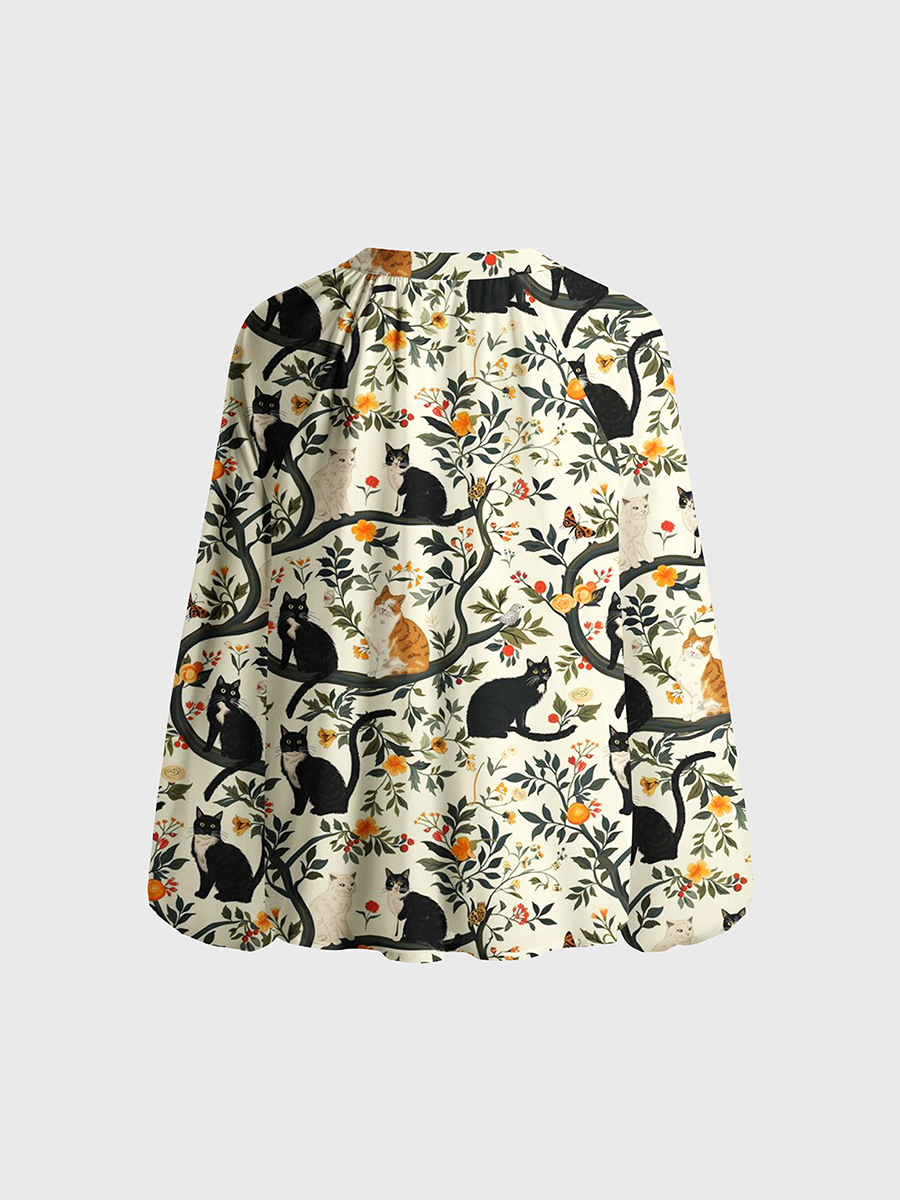 Whimsical Cat Garden Neck Tie Blouse