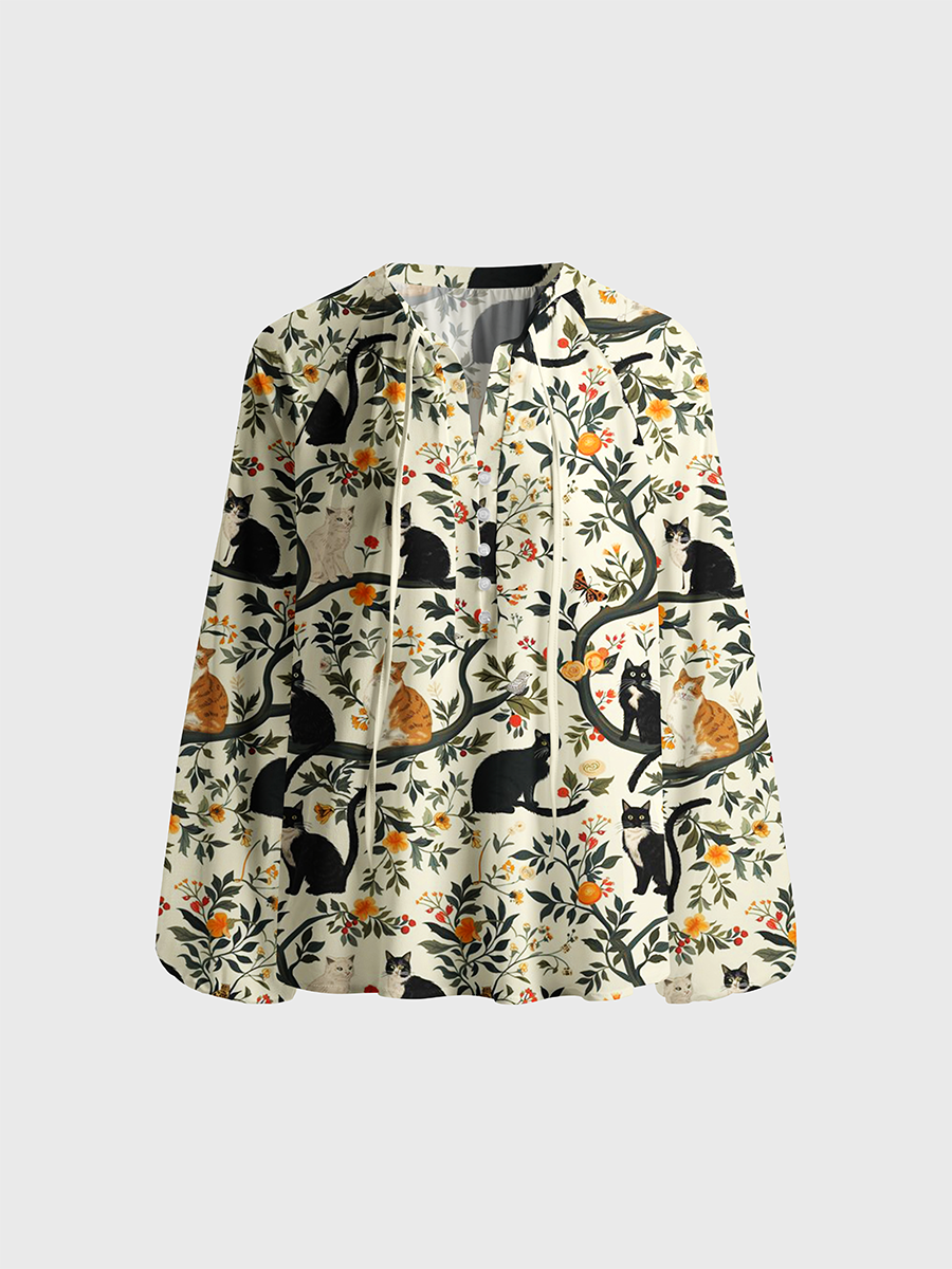 Whimsical Cat Garden Neck Tie Blouse