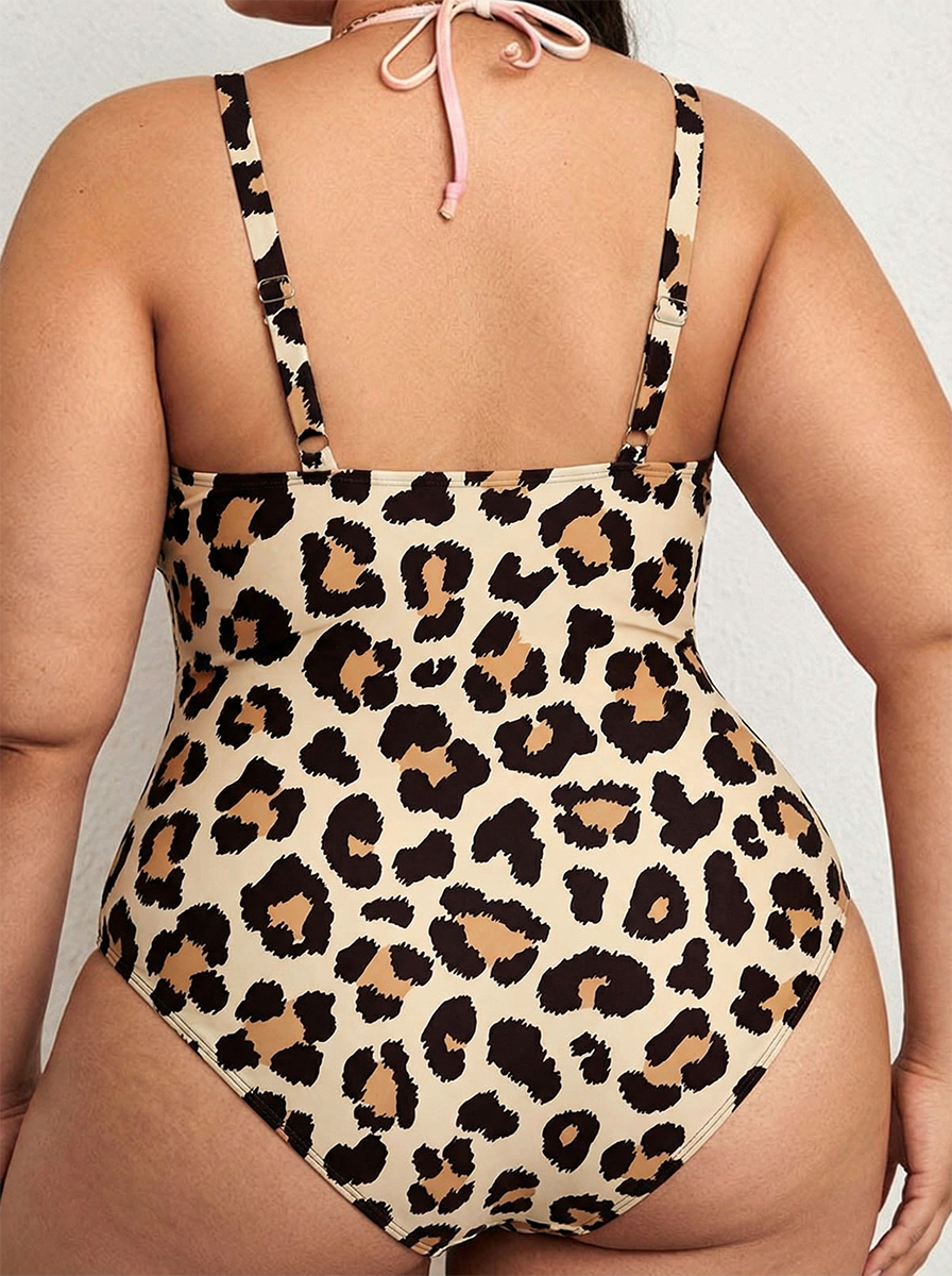 Vintage Leopard Print One Piece Cinched-Waist Gathered Swimsuit