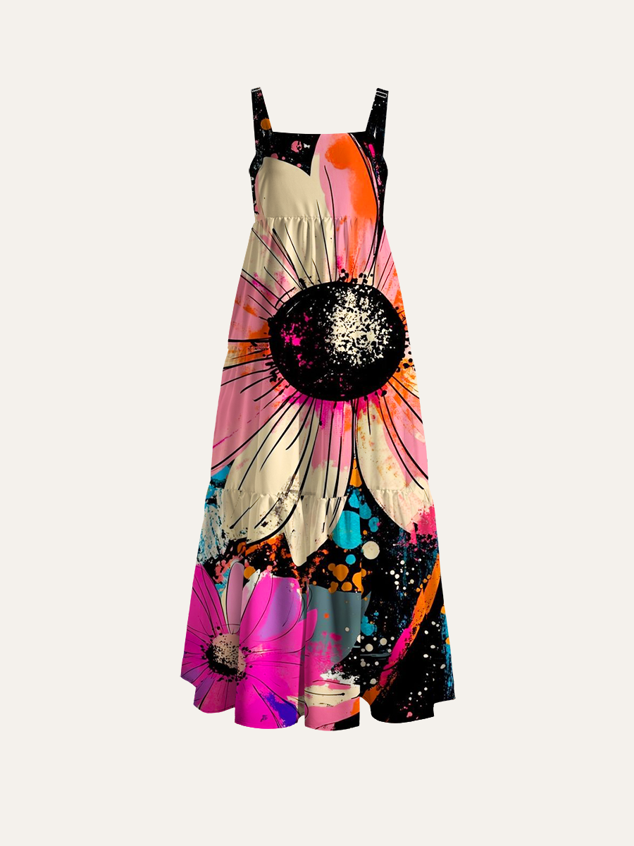 Neon Daisy Pop Adjustable Wide Straps Maxi Dress