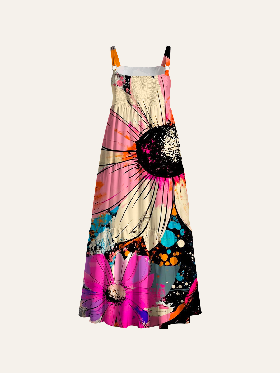 Neon Daisy Pop Adjustable Wide Straps Maxi Dress
