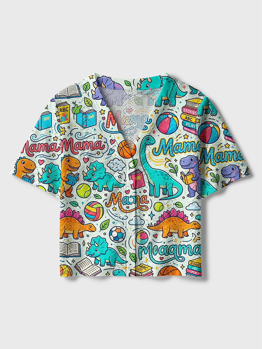 Light Green Dinosaur Reading Mama Kid Sport Crochet Button Down Cardigan