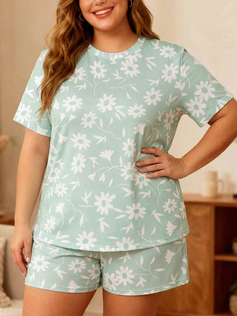 Vintage Light Green White Floral Short Pajamas