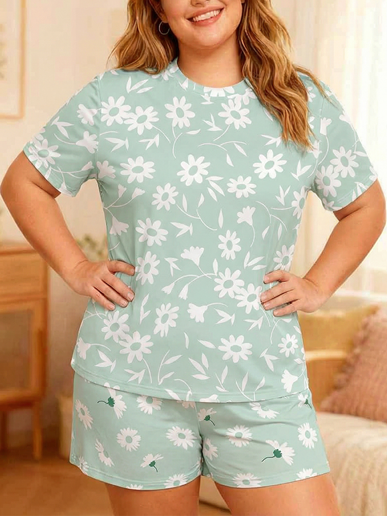 Vintage Light Green White Floral Short Pajamas