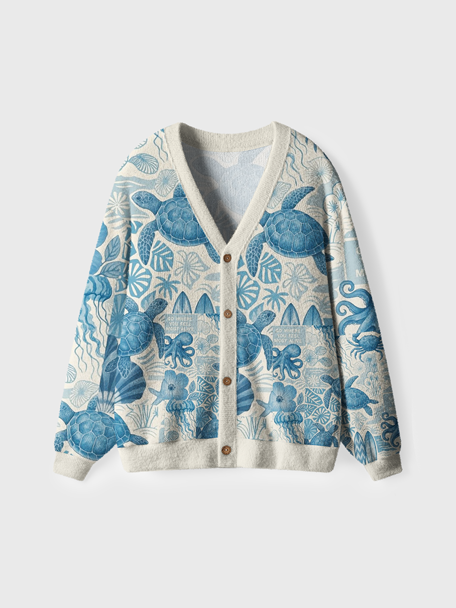 Vintage Coastal Blue Sea Turtle Collage Cardigan Sweaters