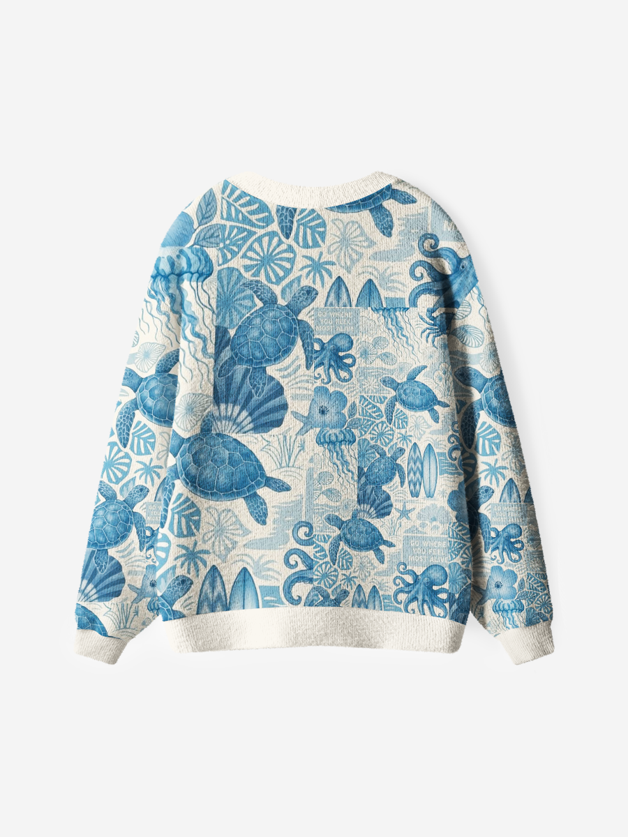 Vintage Coastal Blue Sea Turtle Collage Cardigan Sweaters