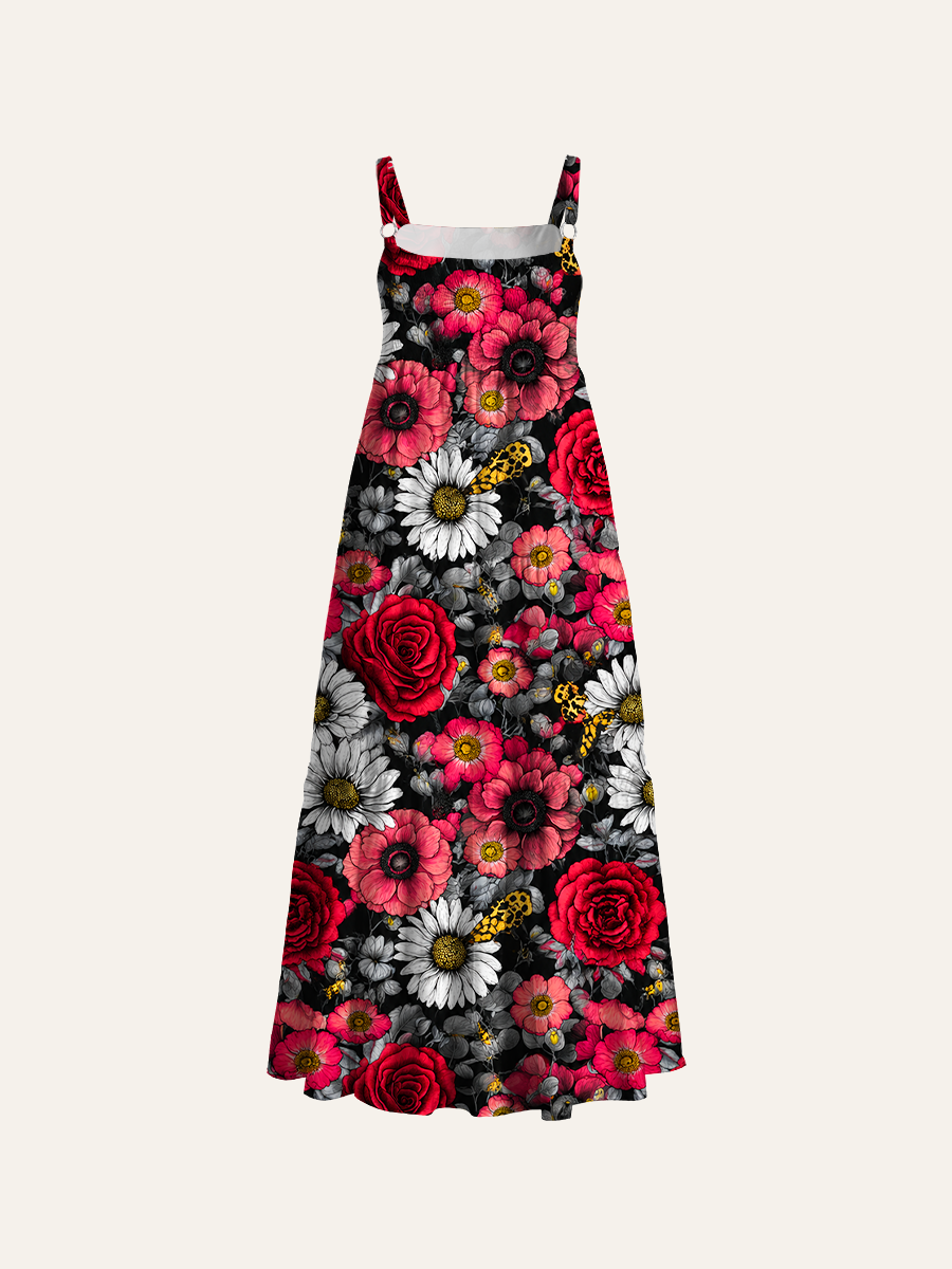 Various hand-drawn flowers and moths Adjustable Wide Straps Maxi Dress