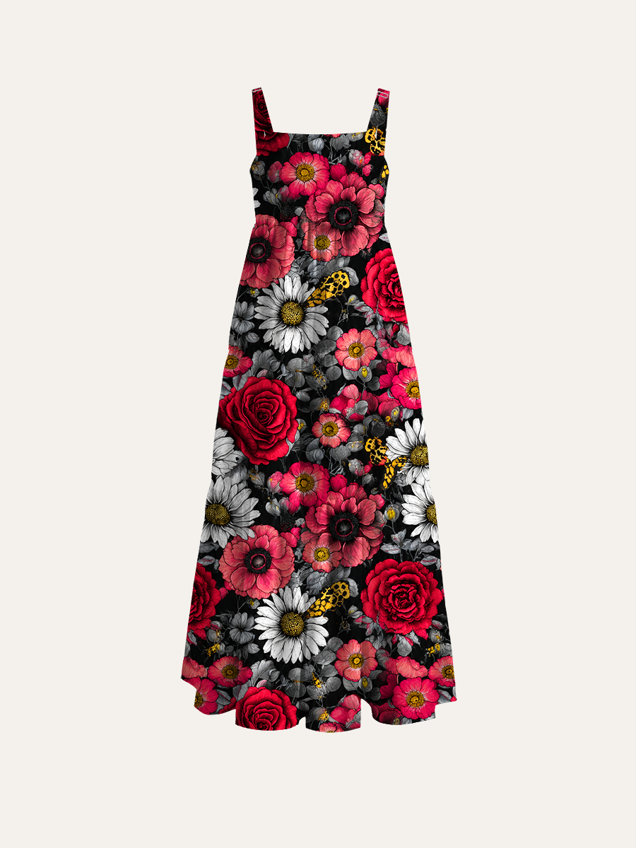 Various hand-drawn flowers and moths Adjustable Wide Straps Maxi Dress