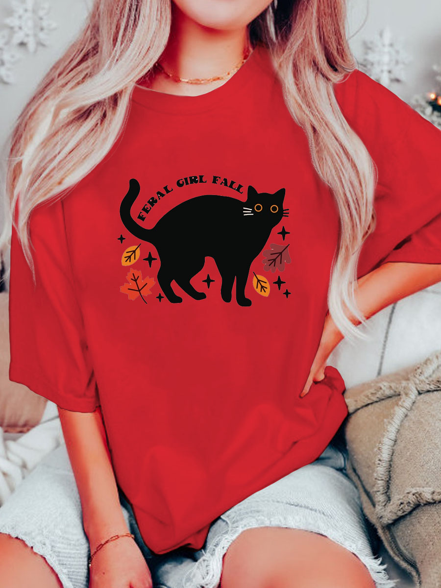 Plus Size Feral Girl Fall Black Cat T-Shirt 