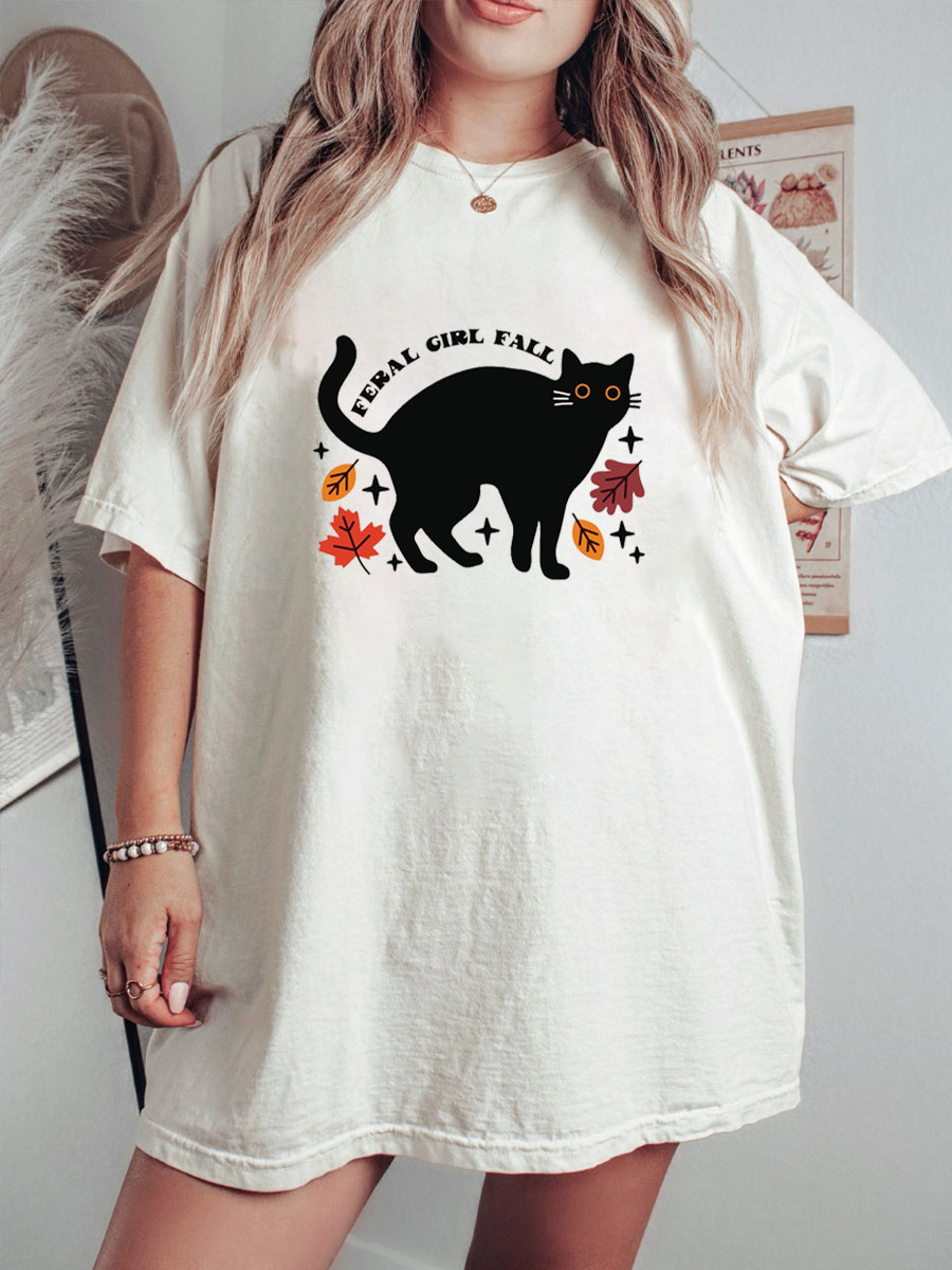 Plus Size Feral Girl Fall Black Cat T-Shirt 