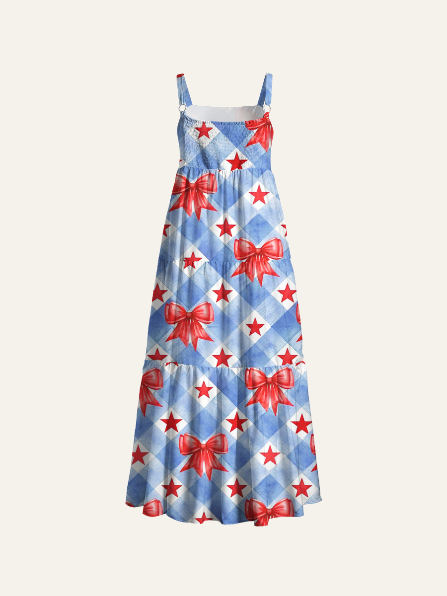 Watercolor Gingham Bow & Star Adjustable Wide Straps Maxi Dress