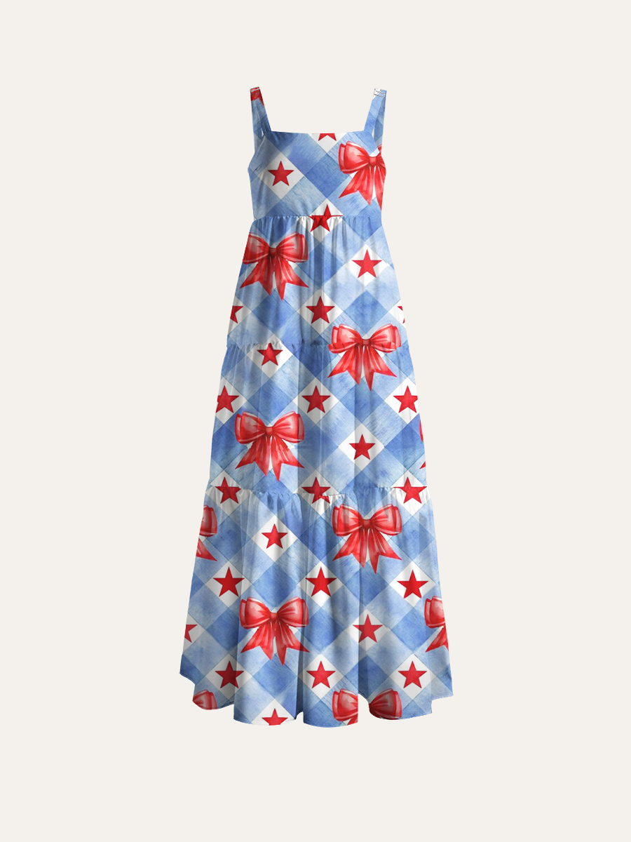 Watercolor Gingham Bow & Star Adjustable Wide Straps Maxi Dress