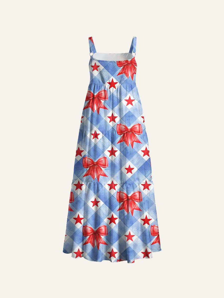 Watercolor Gingham Bow & Star Adjustable Wide Straps Maxi Dress