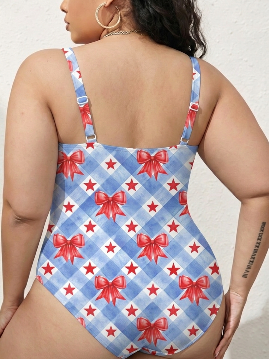 Vintage Watercolor Gingham Bow & Star Gathered Swimsuit