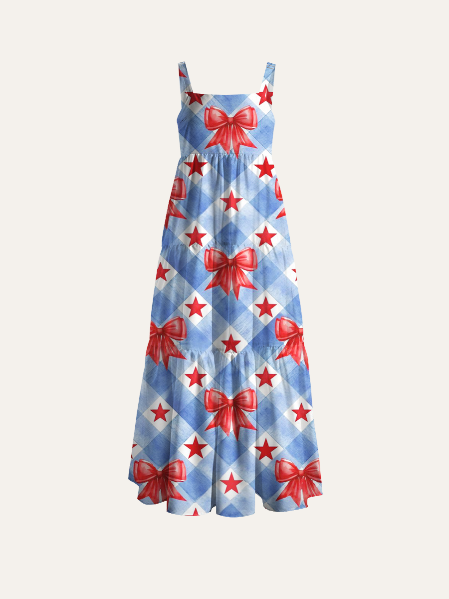 Watercolor Gingham Bow & Star Adjustable Wide Straps Maxi Dress