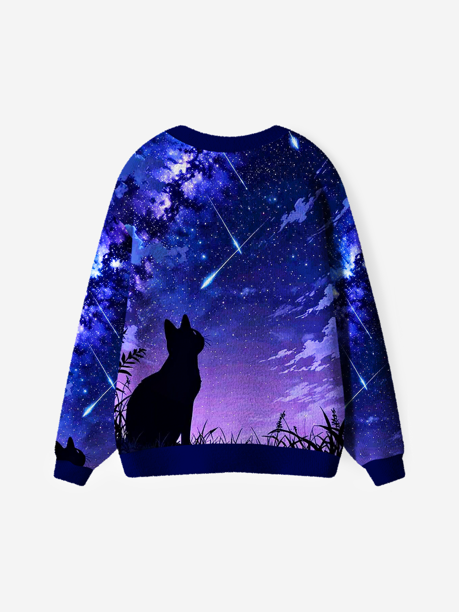 Vintage Purple Galaxy Shooting Star Cat Silhouette Cardigan Sweaters