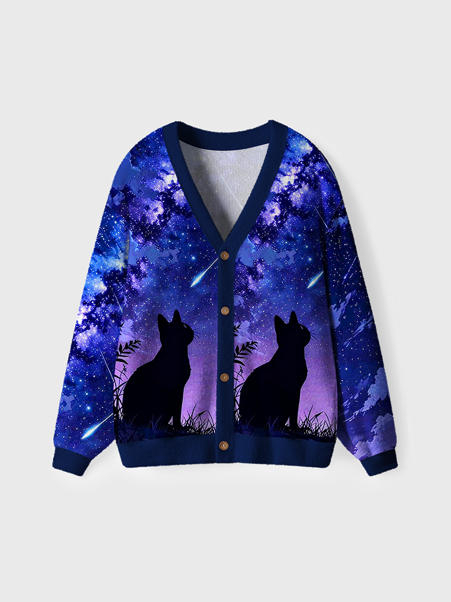 Vintage Purple Galaxy Shooting Star Cat Silhouette Cardigan Sweaters