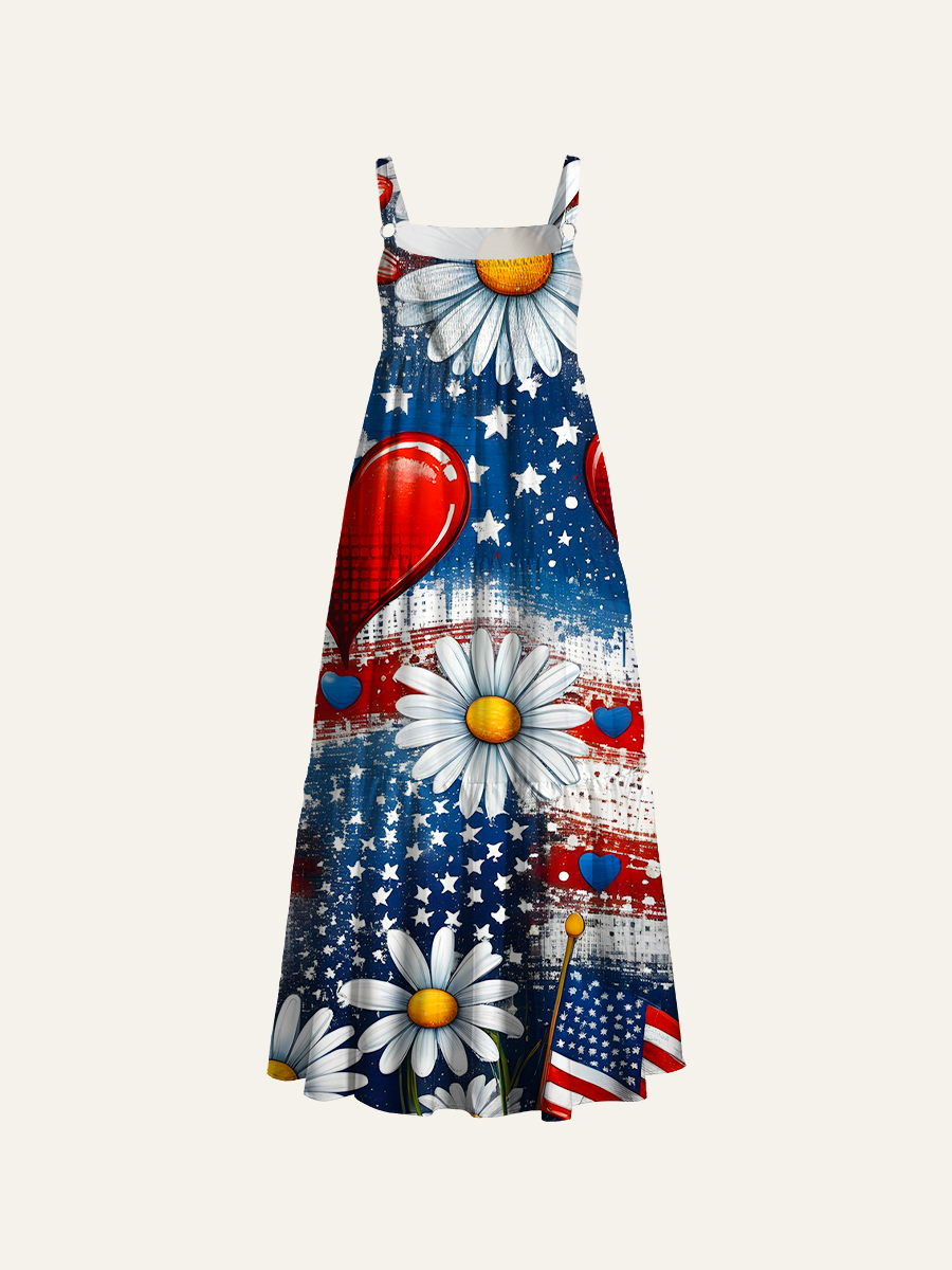 American Daisies & Hearts Grunge Adjustable Wide Straps Maxi Dress