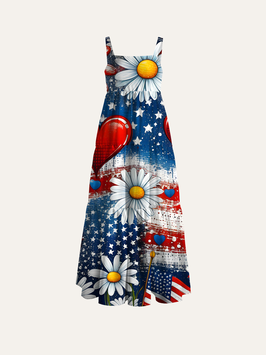 American Daisies & Hearts Grunge Adjustable Wide Straps Maxi Dress