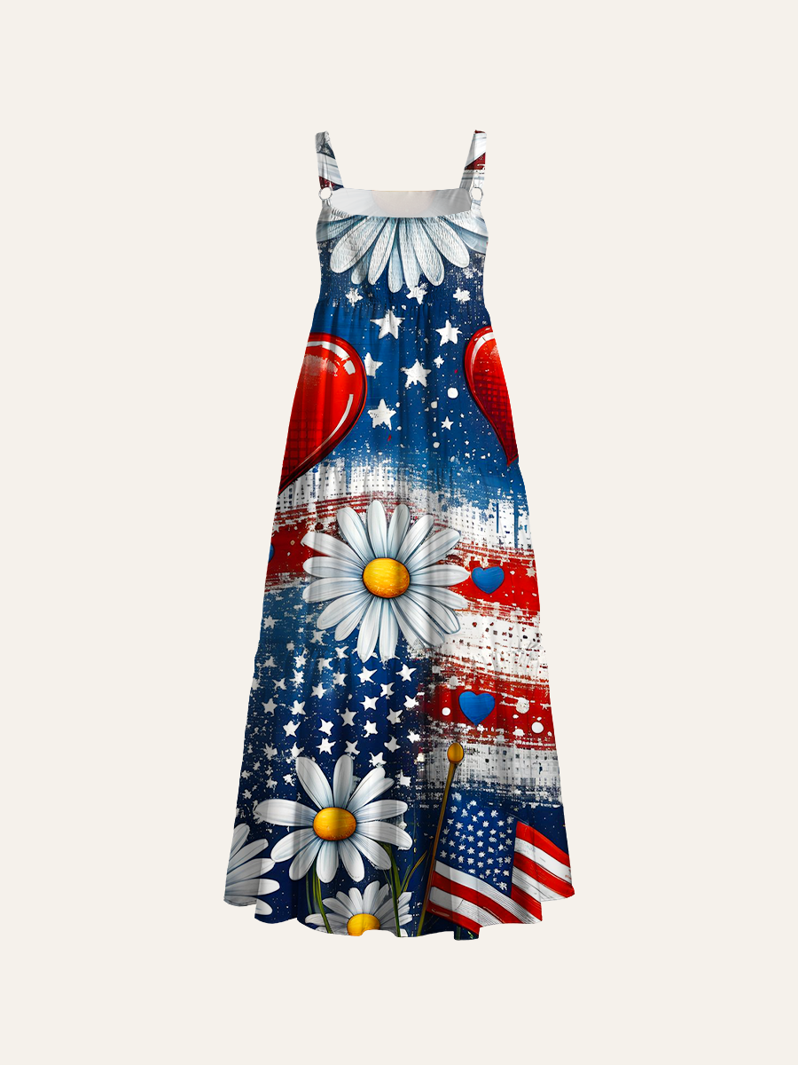 American Daisies & Hearts Grunge Adjustable Wide Straps Maxi Dress