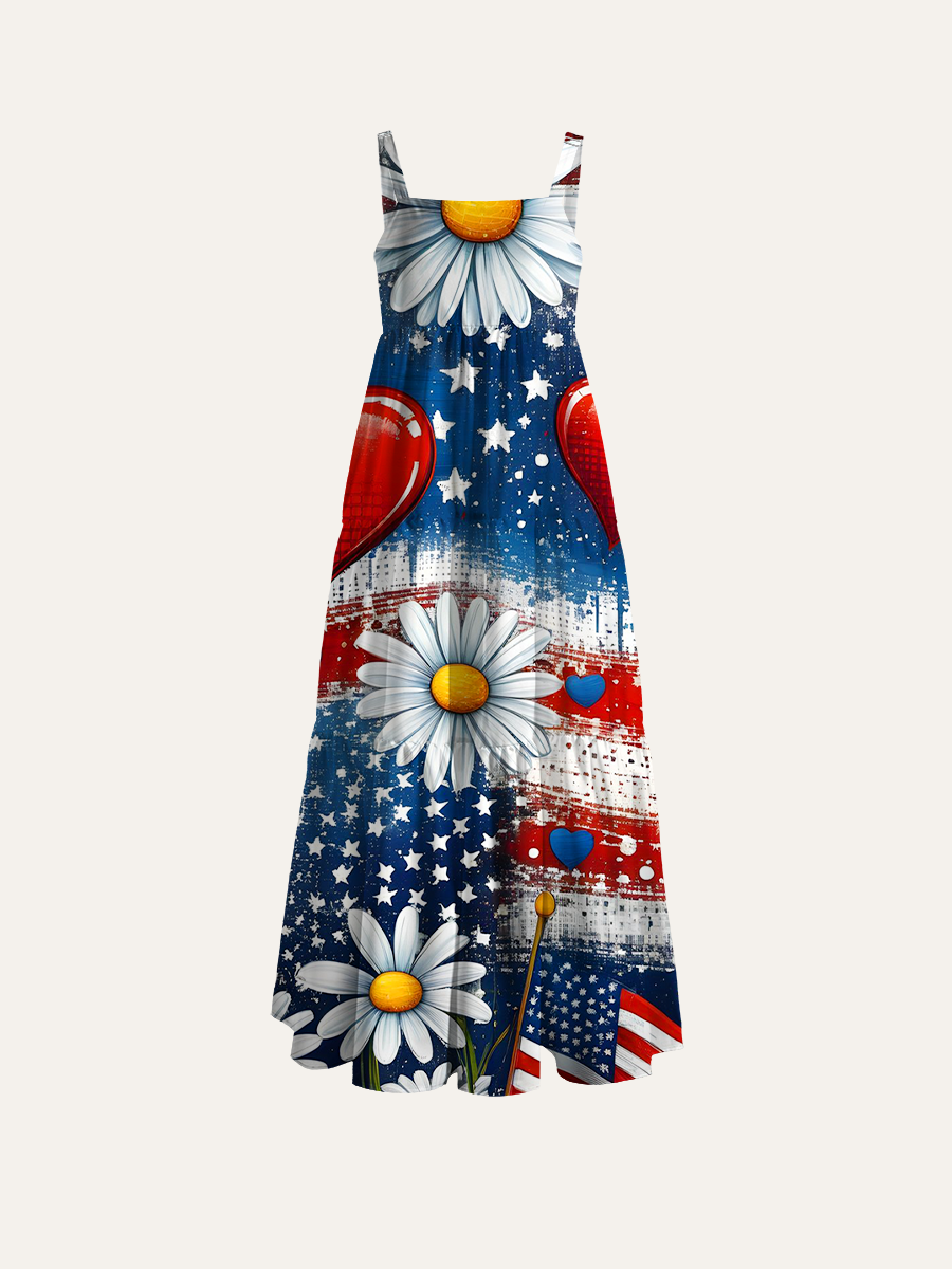 American Daisies & Hearts Grunge Adjustable Wide Straps Maxi Dress