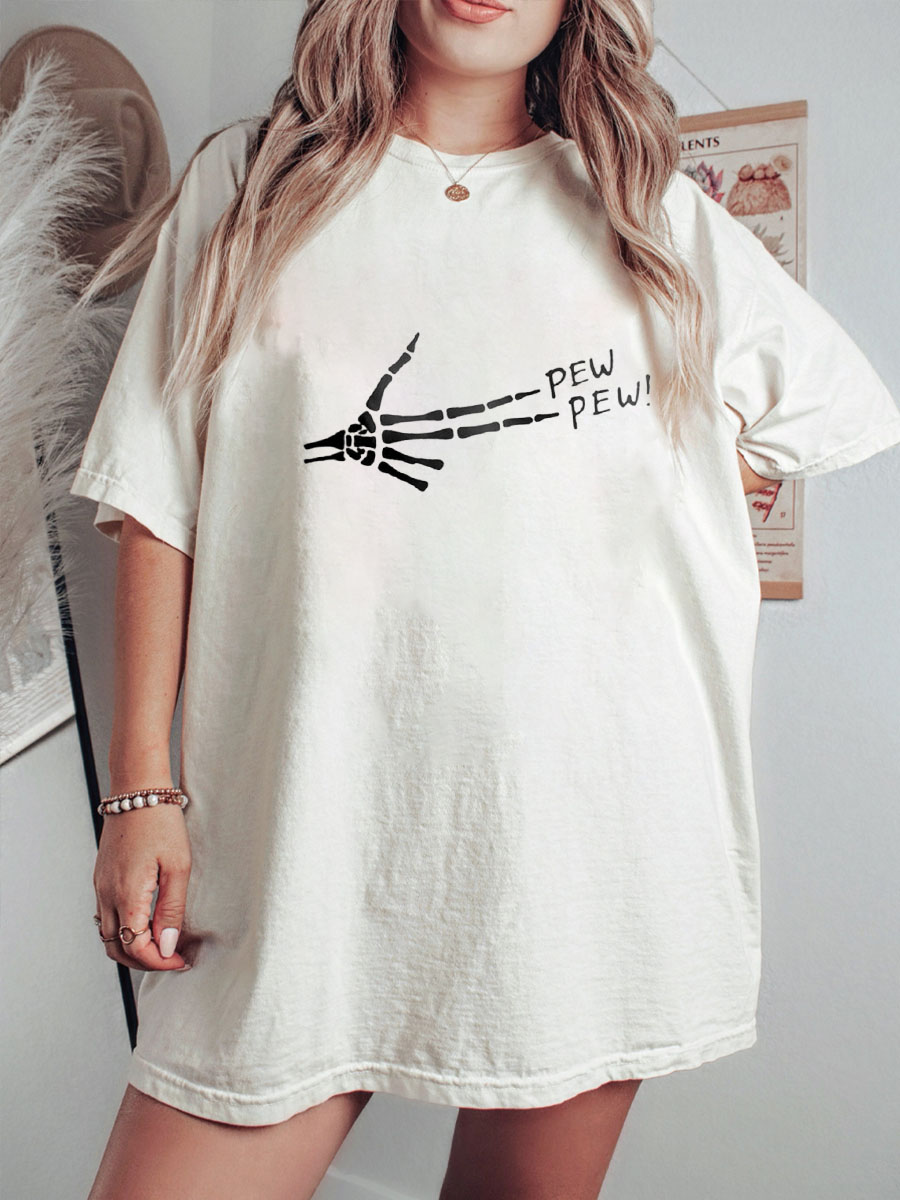 Plus Size Pew Pew! Skeleton Hand Printed Tees