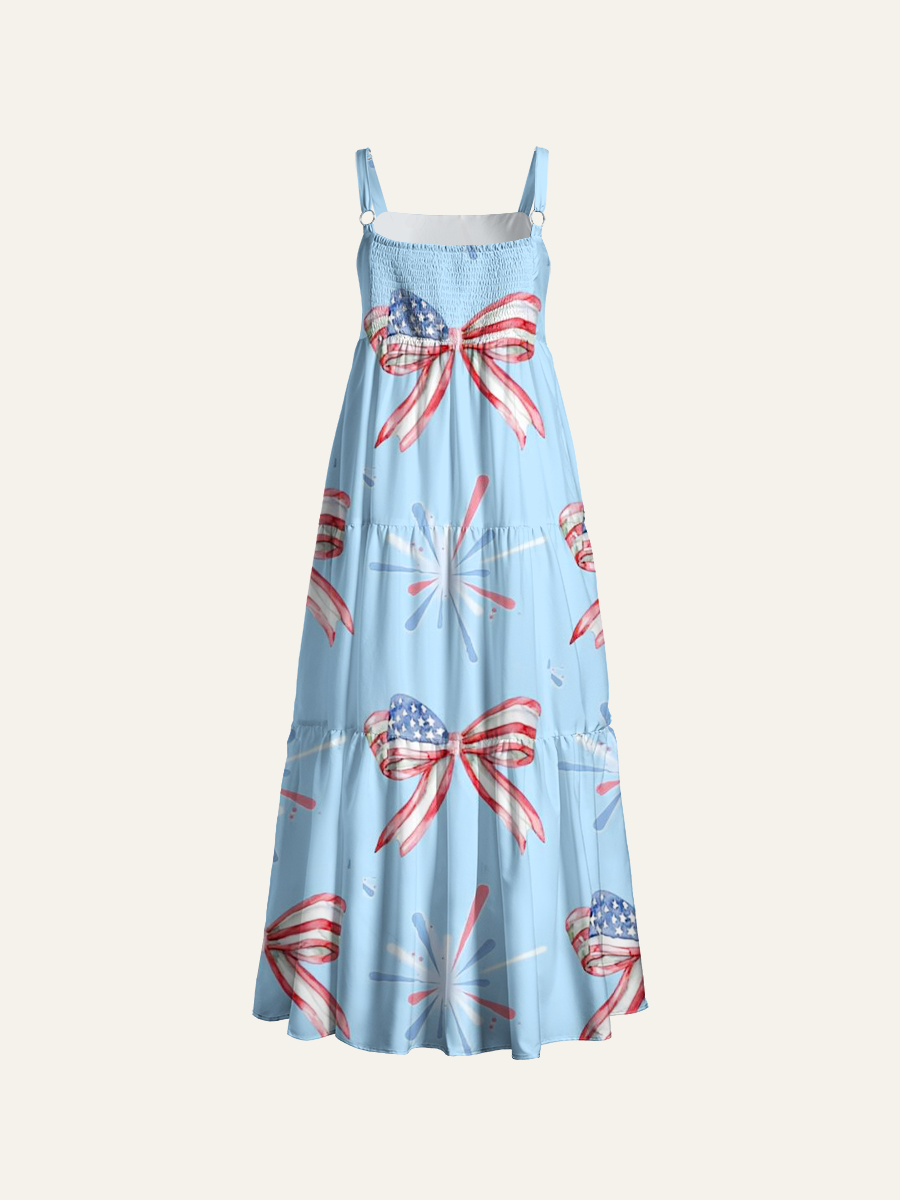 Patriotic Bow & Fireworks Watercolor Seamless Adjustable Wide Straps Maxi Dress