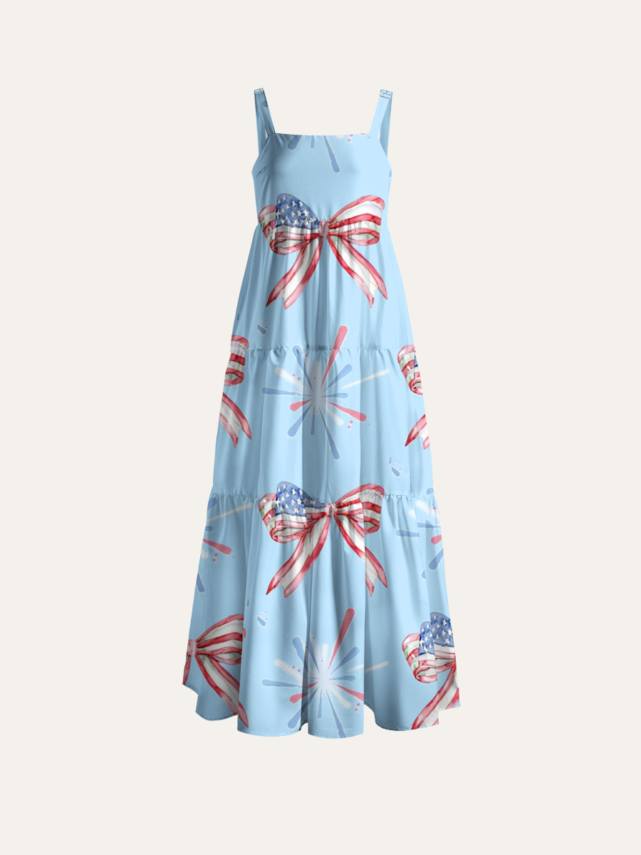 Patriotic Bow & Fireworks Watercolor Seamless Adjustable Wide Straps Maxi Dress