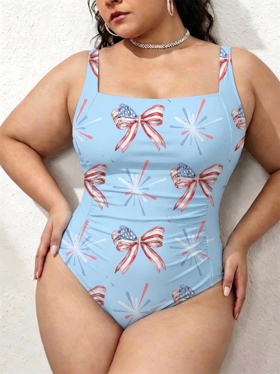 Vintage Patriotic Bow & Fireworks Watercolor Seamless Gathered Swimsuit