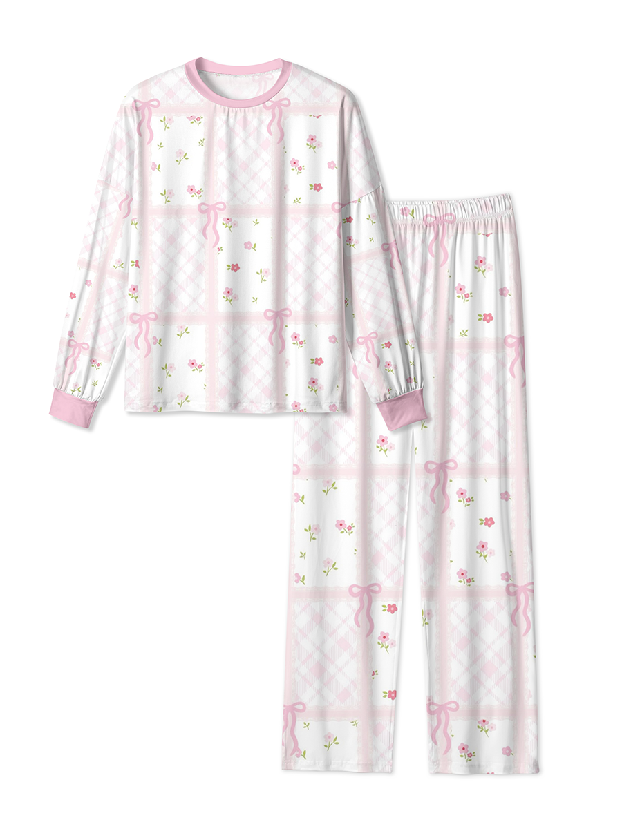 Vintage Pink Bow Gingham Patchwork Floral Mixed Pajamas