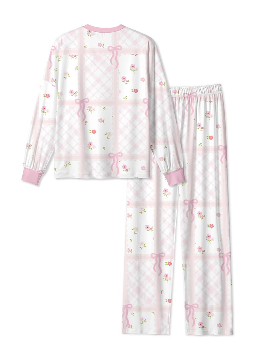 Vintage Pink Bow Gingham Patchwork Floral Mixed Pajamas
