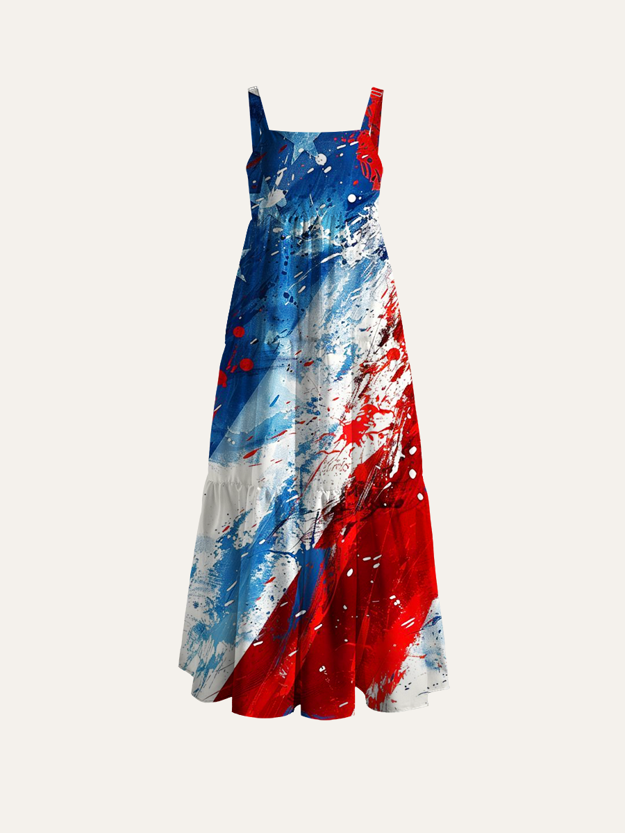 4th of July Abstract Flag Adjustable Wide Straps Maxi Dress
