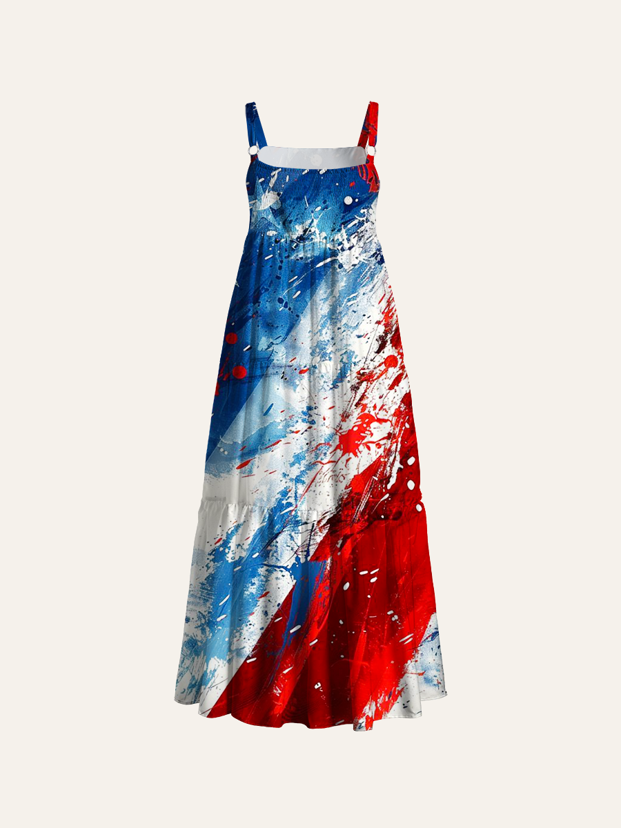 4th of July Abstract Flag Adjustable Wide Straps Maxi Dress