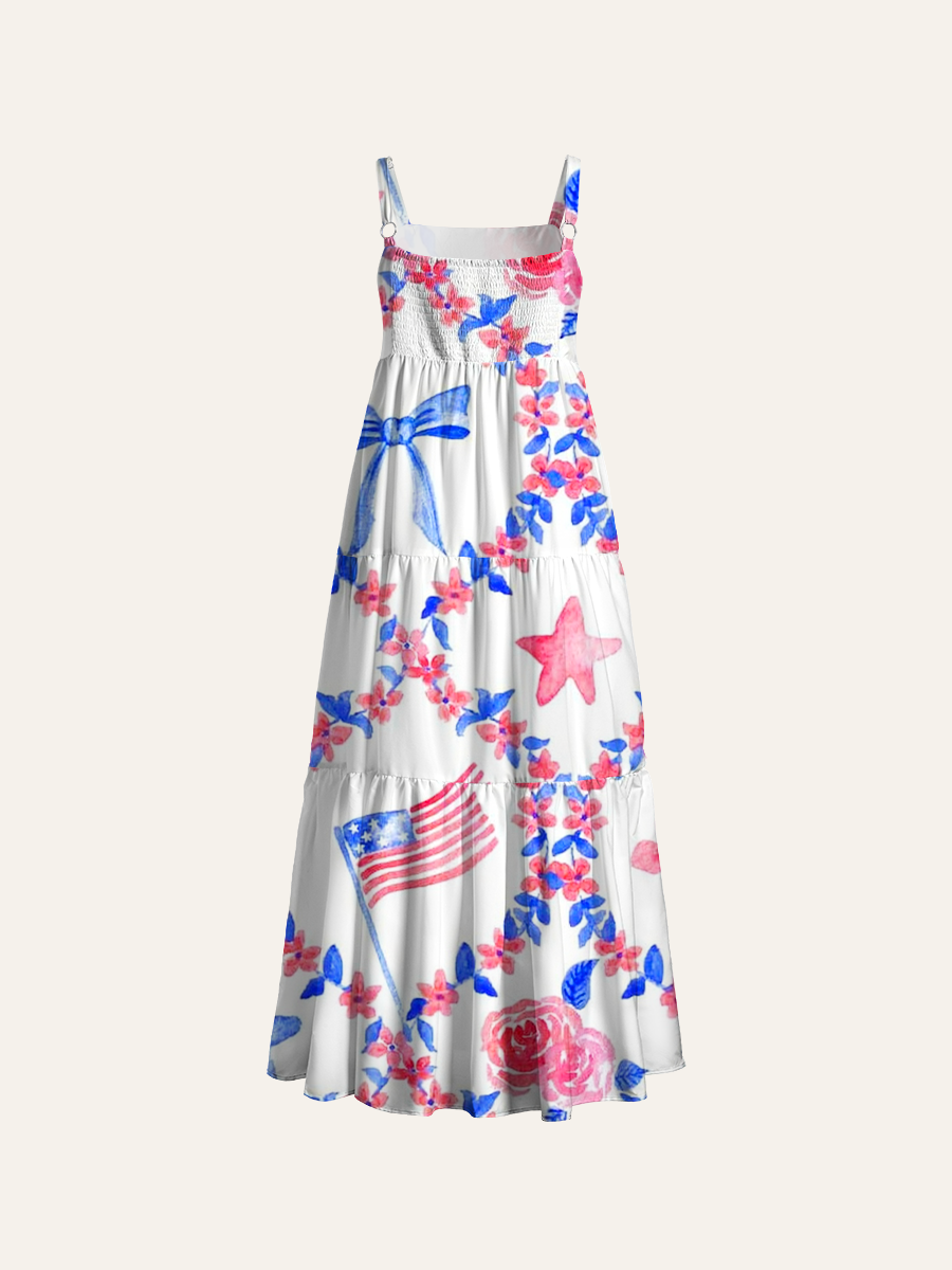 Preppy American Flag Floral Adjustable Wide Straps Maxi Dress