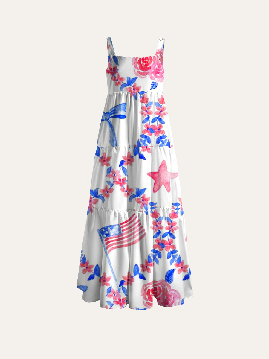 Preppy American Flag Floral Adjustable Wide Straps Maxi Dress