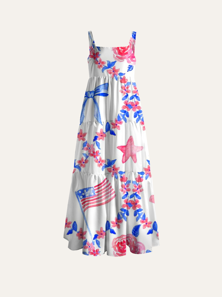 Preppy American Flag Floral Adjustable Wide Straps Maxi Dress