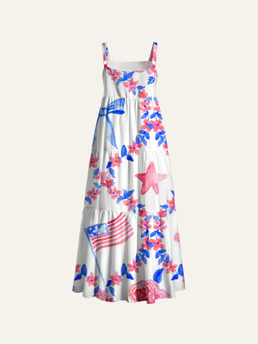 Preppy American Flag Floral Adjustable Wide Straps Maxi Dress