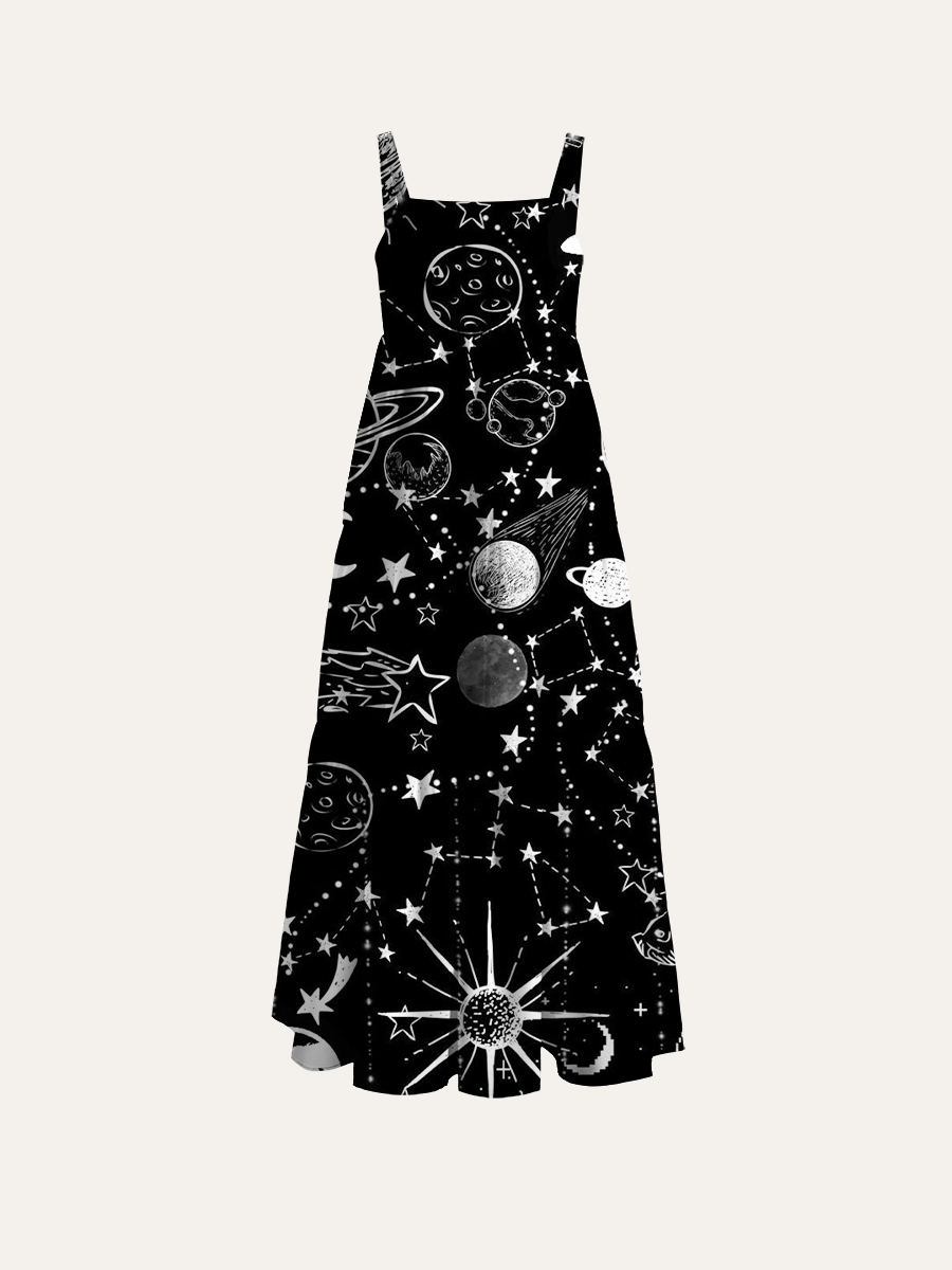 Doodle Galaxy & Stars Adjustable Wide Straps Maxi Dress