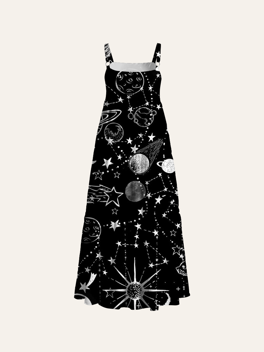Doodle Galaxy & Stars Adjustable Wide Straps Maxi Dress