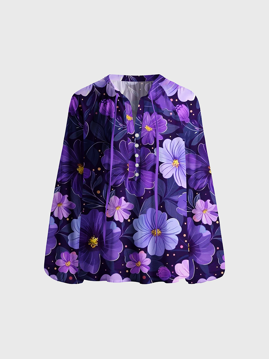Dark Lavender Bloom Pattern Neck Tie Blouse