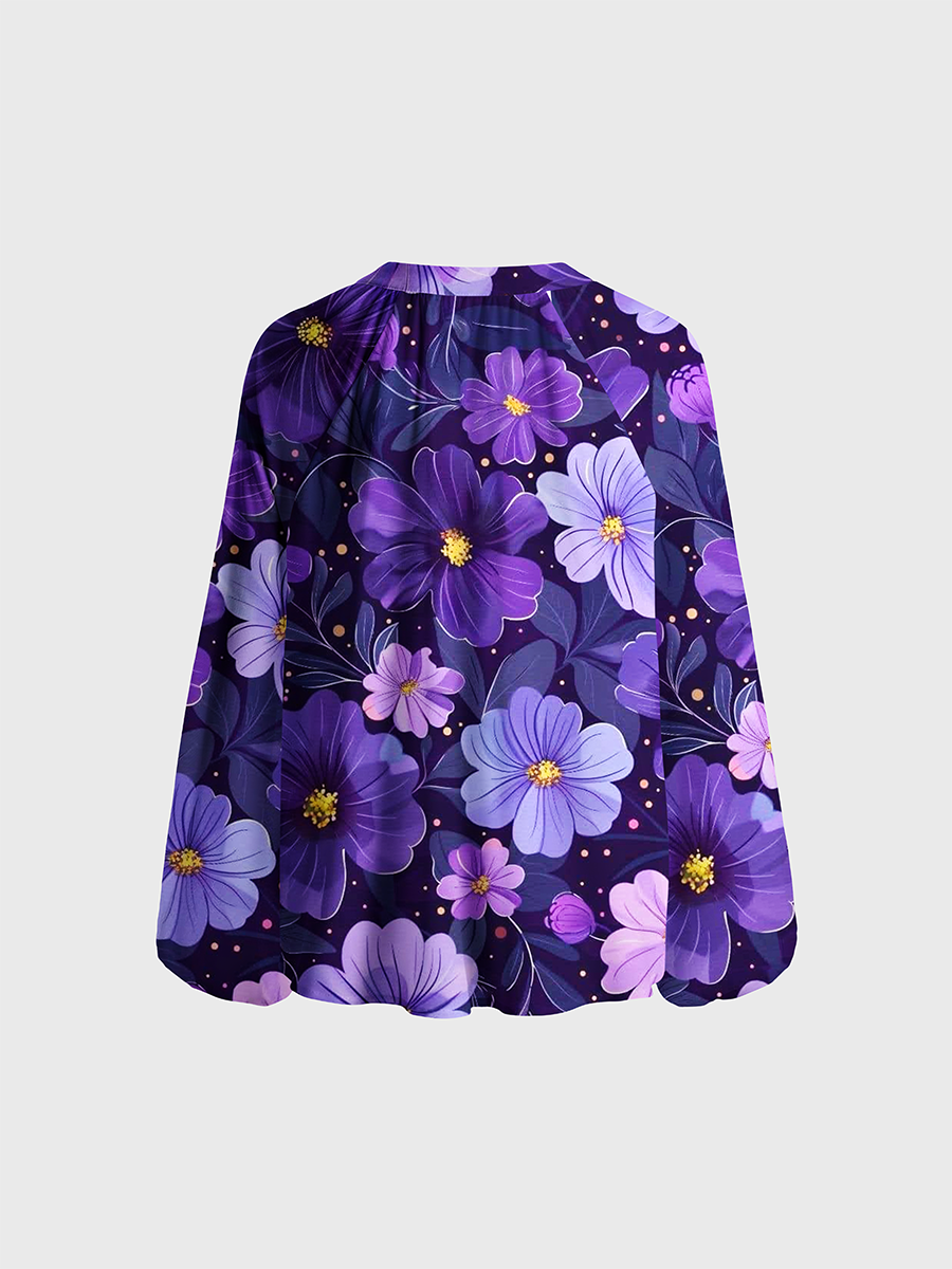 Dark Lavender Bloom Pattern Neck Tie Blouse