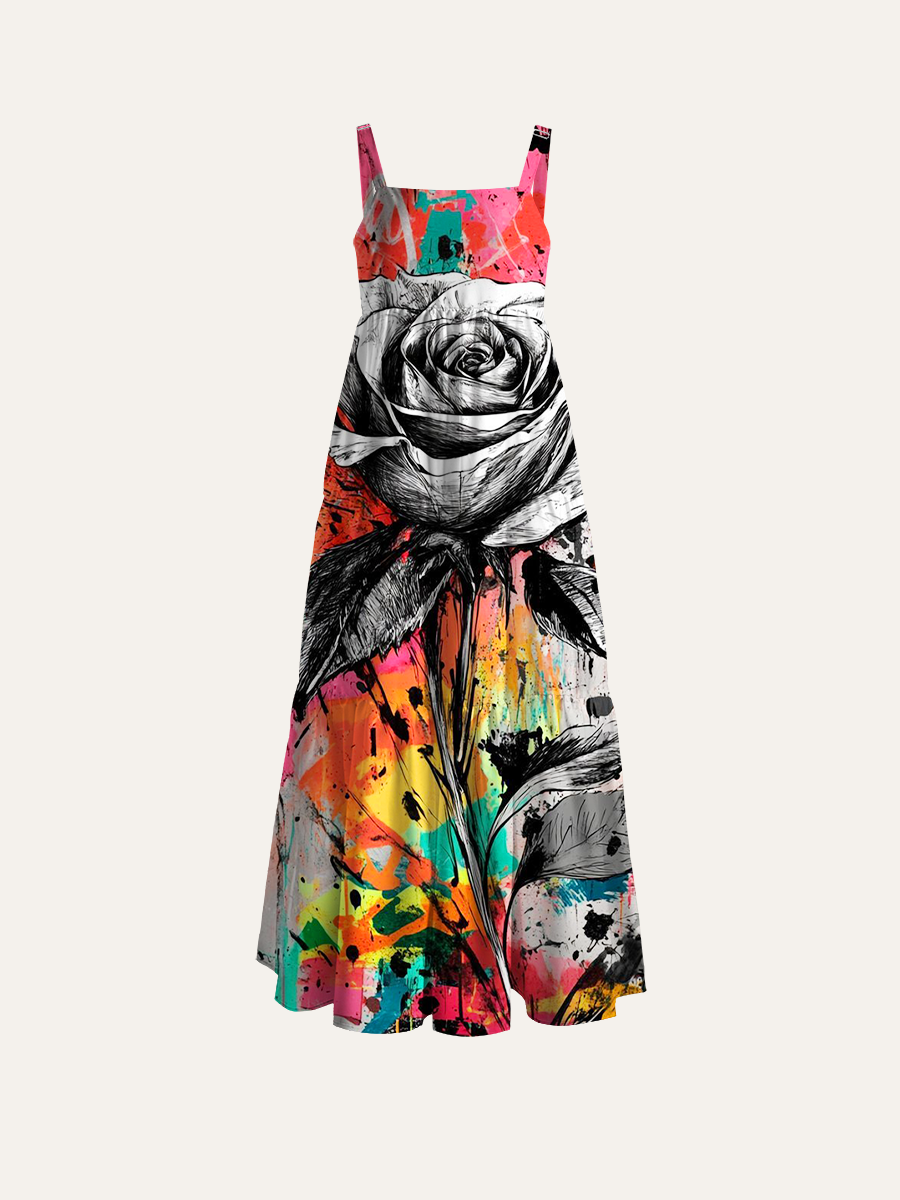 Splash Art Rose Adjustable Wide Straps Maxi Dress