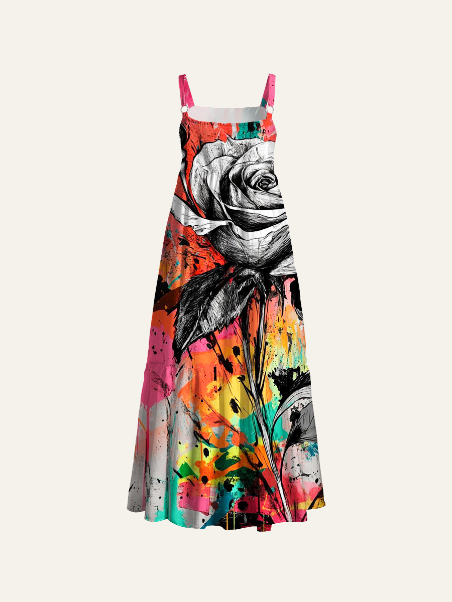 Splash Art Rose Adjustable Wide Straps Maxi Dress
