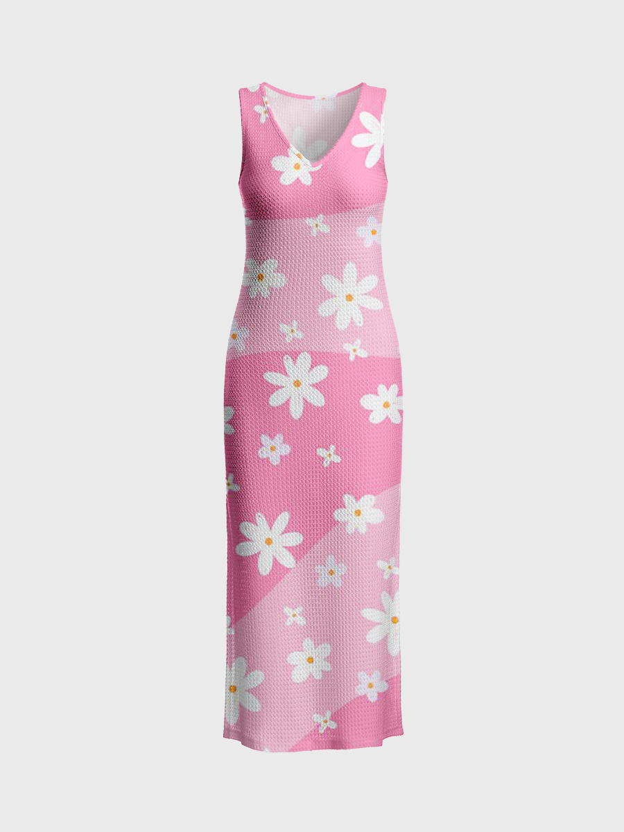 Pastel Pink Gradient Wave Daisy Open Stitch Midi Dress