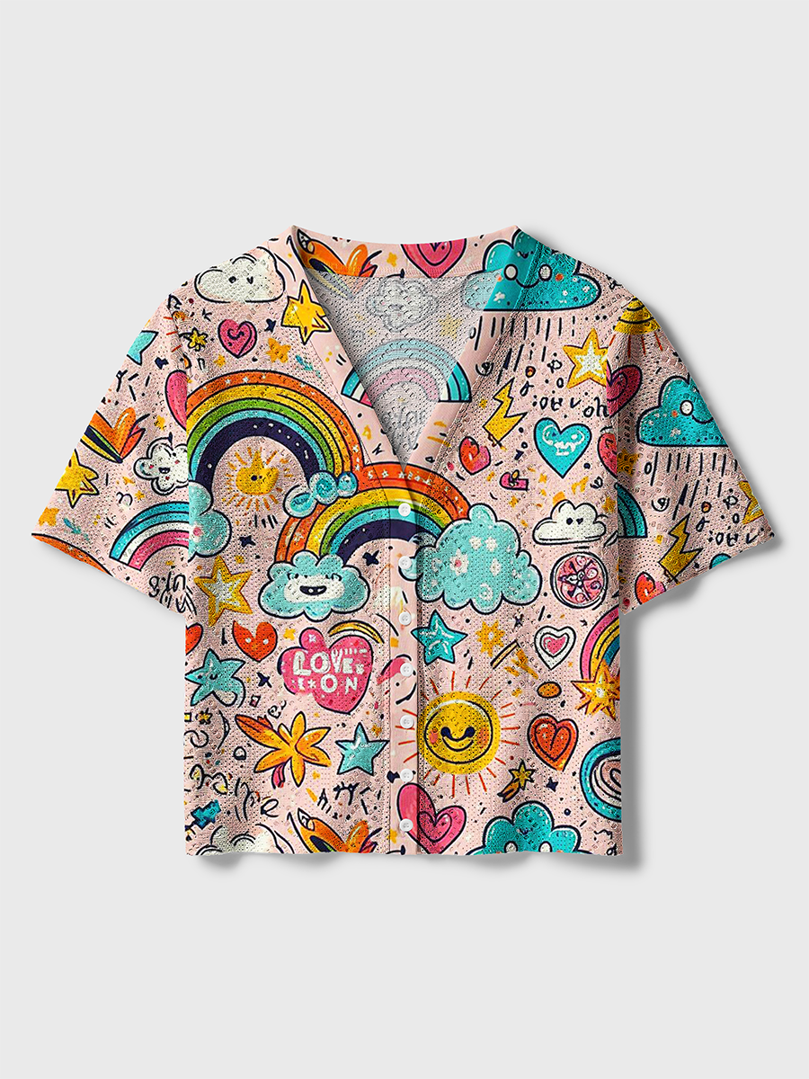 Cute Rainbow Sun Cloud Doodle Crochet Button Down Cardigan