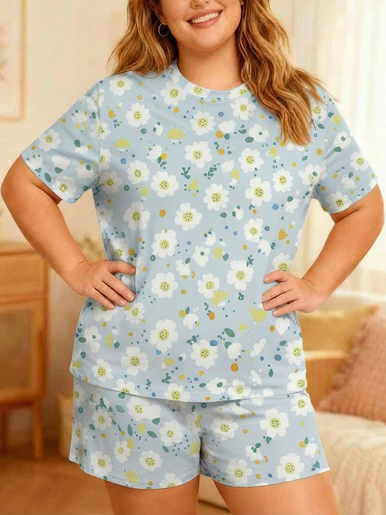 Vintage Sky Blue Pastel Floral Short Pajamas