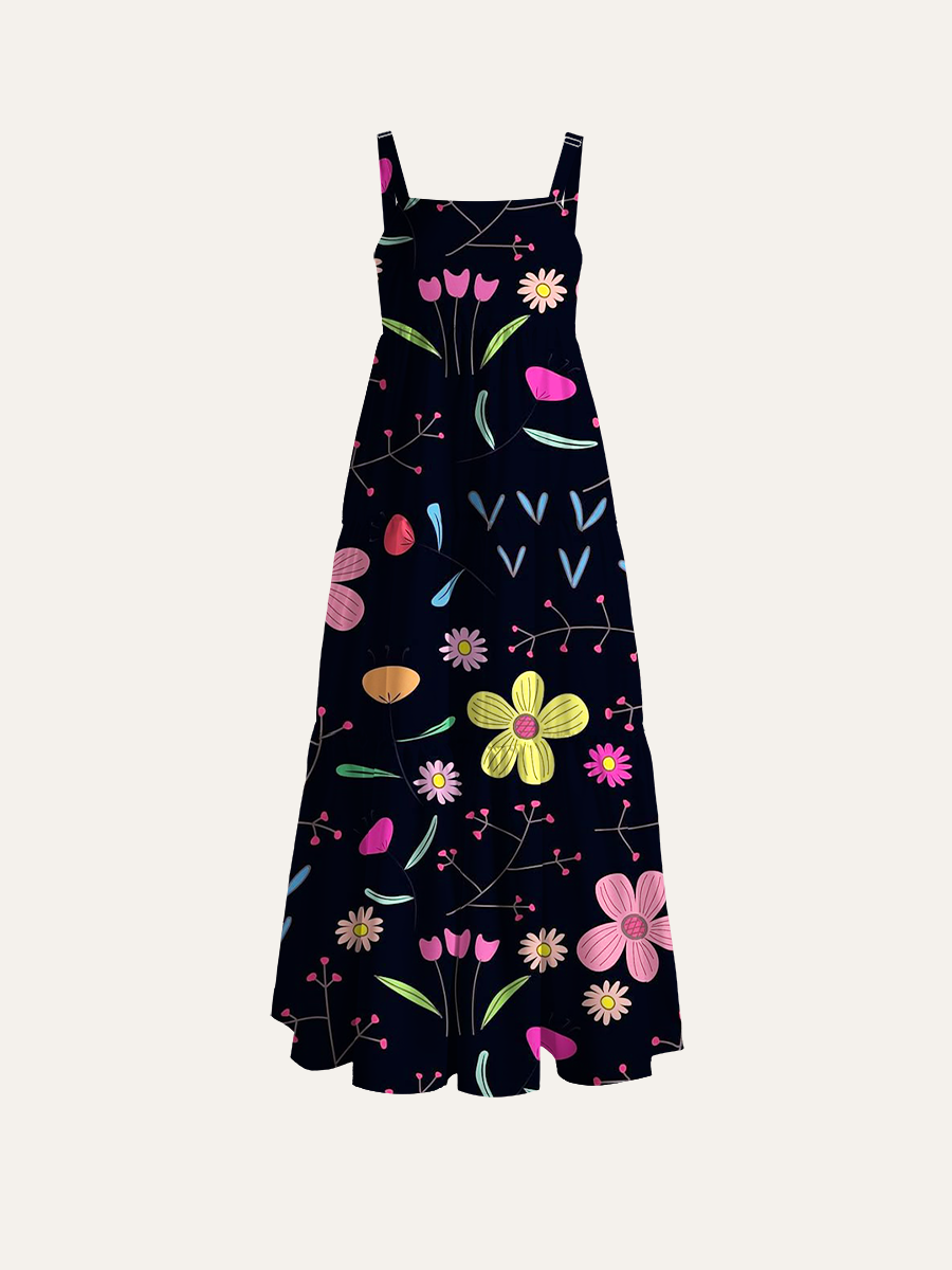 Dark Background Bright Floral Adjustable Wide Straps Maxi Dress